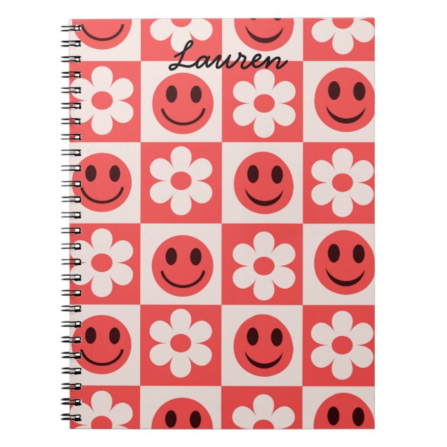 Custom Chequered Flowers and Happy Faces Red Notebook (Front)