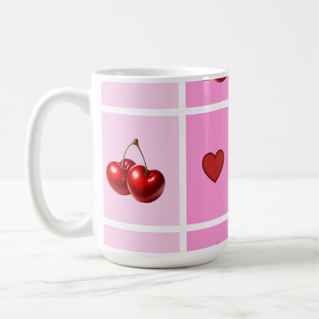 Custom Cherry Heart Checkerboard Pattern Coffee Mug (Left)