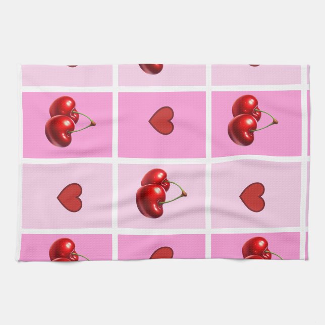 Custom Cherry Heart Checkerboard Pattern Tea Towel (Horizontal)