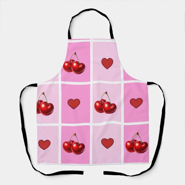 Custom Cherry Heart Chequerboard Pattern Apron (Front)
