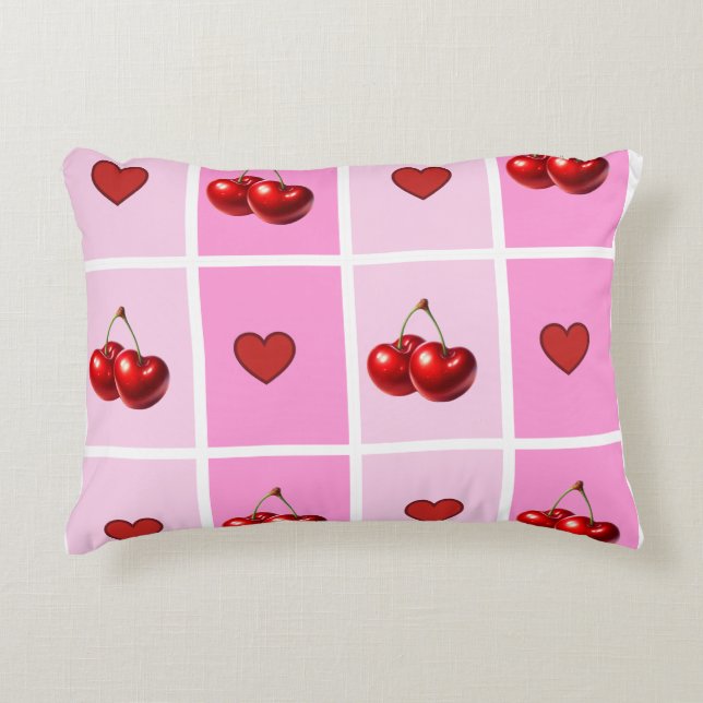 Custom Cherry Heart Chequerboard Pattern Decorative Cushion (Front)