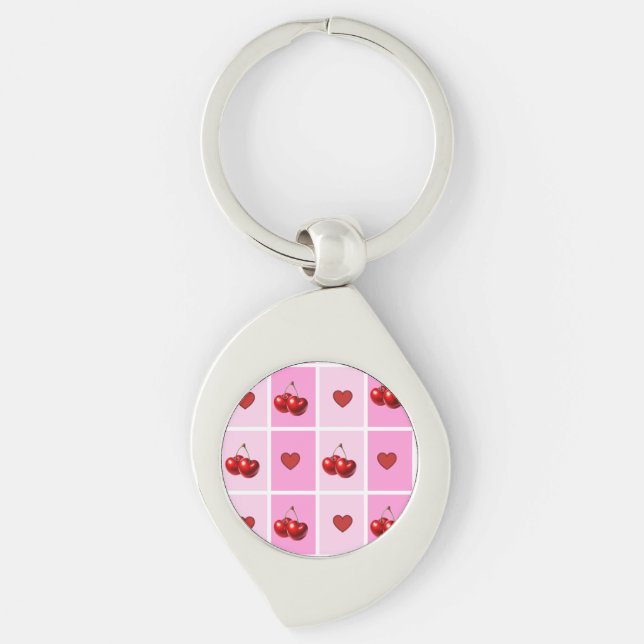 Custom Cherry Heart Chequerboard Pattern Key Ring (Front)