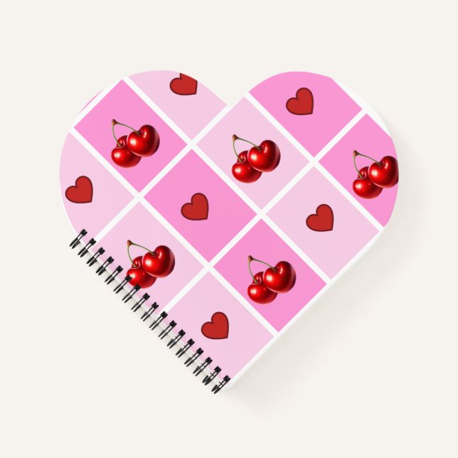 Custom Cherry Heart Chequerboard Pattern Notebook (Front)