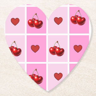 Custom Cherry Heart Chequerboard Pattern Paper Coaster