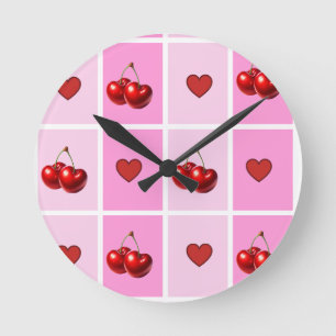 Custom Cherry Heart Chequerboard Pattern Round Clock