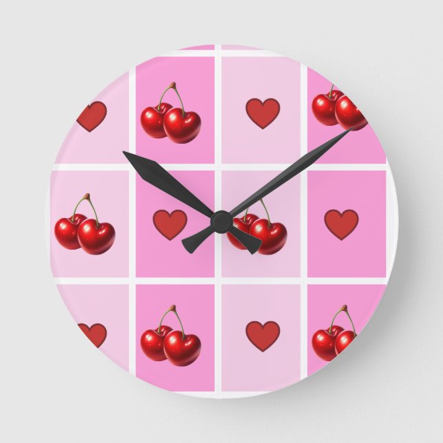 Custom Cherry Heart Chequerboard Pattern Round Clock (Front)