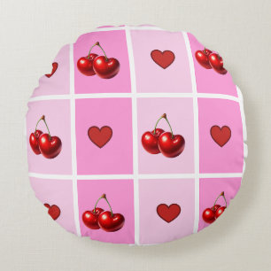 Custom Cherry Heart Chequerboard Pattern Round Cushion