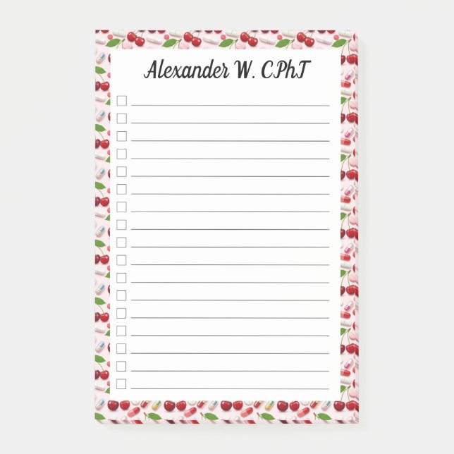 Custom Cherry Pharmacy Tech Check List Post It  Post-it Notes (Front)