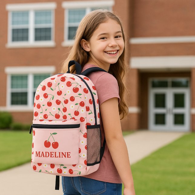 Custom Cherry Pink Girls Printed Backpack (Custom Name Pink Cherry Girls Backpack)
