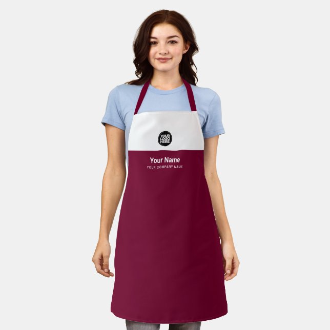 Custom Cherry Red Employee Name Logo Company Apron (Worn)