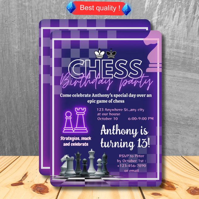 Custom Chess Birthday Party Invitation Neon Theme (Creator Uploaded)