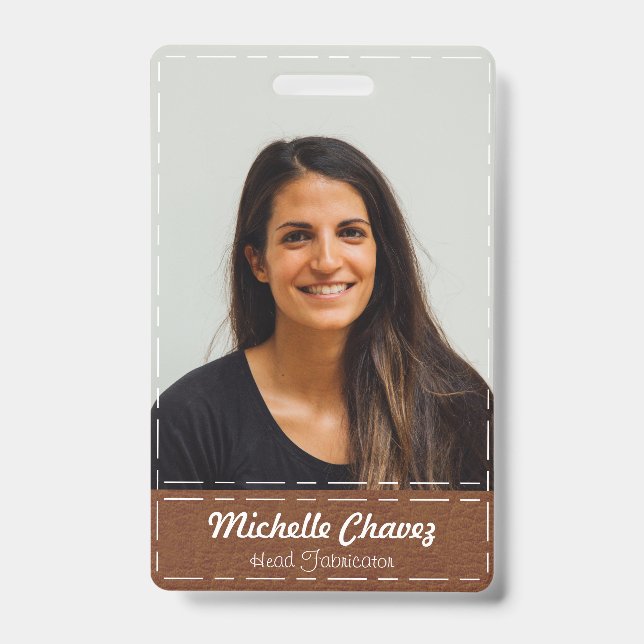 Custom Chestnut Brown Stitched Leather Employee ID Badge (Front)