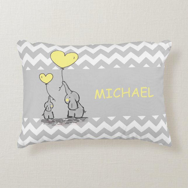 Custom Chevron Grey White Yellow Elephant Heart Decorative Cushion (Front)