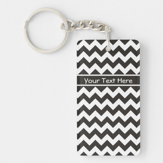 Custom Chevrons Keychain, Black and White Zigzags Key Ring (Front)
