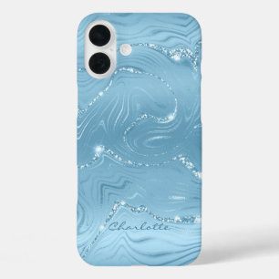 Custom Chic Blue Silver Glitter Pattern Girly iPhone 16 Plus Case