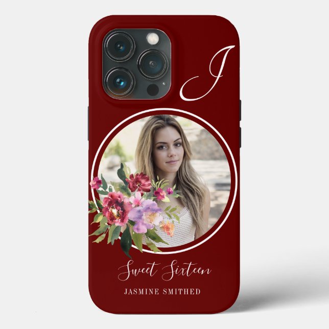 Custom Chic Burgundy Floral Themed Photo Monogram Case-Mate iPhone Case (Back)