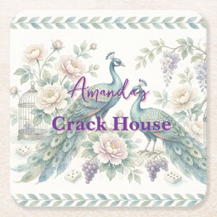 Custom Chic Chinoiserie Peacock Mahjong Square Paper Coaster