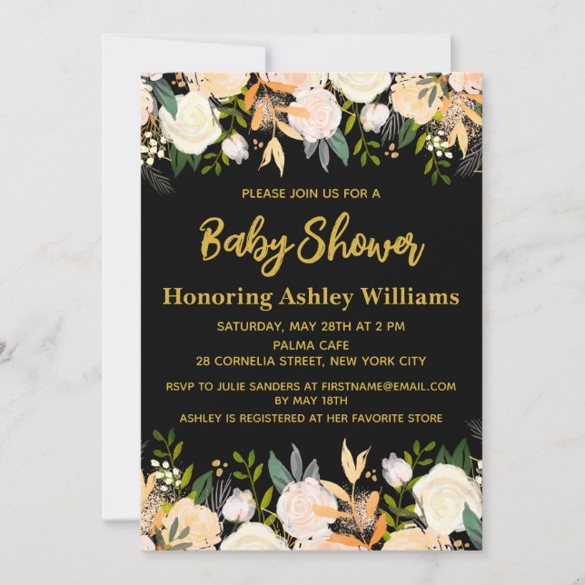 Custom Chic Girly Black & Gold Floral Baby Shower Invitation (Front)