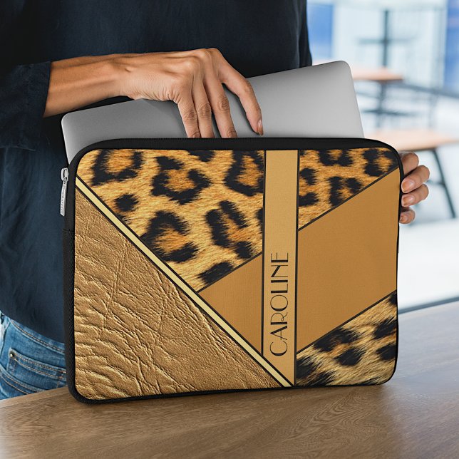Custom Chic Leather And Leopard Skin Pattern Laptop Sleeve (Creator Uploaded)