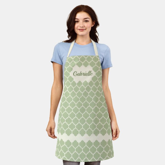 Custom Chic Light Sage Green Ivory Trellis Pattern Apron (Worn)