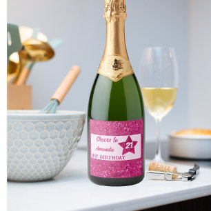 Custom Chic Pink Glitter Cheers 21st Birthday  Sparkling Wine Label