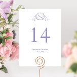 Custom, Chic Purple Monogram Wedding Table Number<br><div class="desc">Help your guests find their table with this elegant monogrammed table number. Double-sided cards. Clear space all around gives you the liberty to use a table holder or frame. Attractive hand-drawn botanical crest monogram in lavender purple hues. Ability to make changes to text size, style, or position by selecting "Edit...</div>