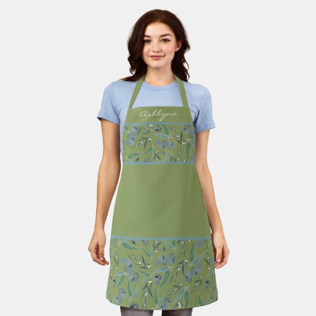 Custom Chic Sage Green Eucalyptus Pattern Apron (Worn)
