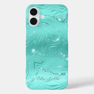 Custom Chic Turquoise Silver Glitter Pattern Girly iPhone 16 Plus Case