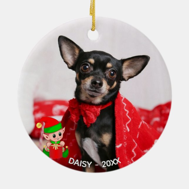 Custom Chihuahua Dog Photo with Cute Elf Ceramic Tree Decoration (Back)