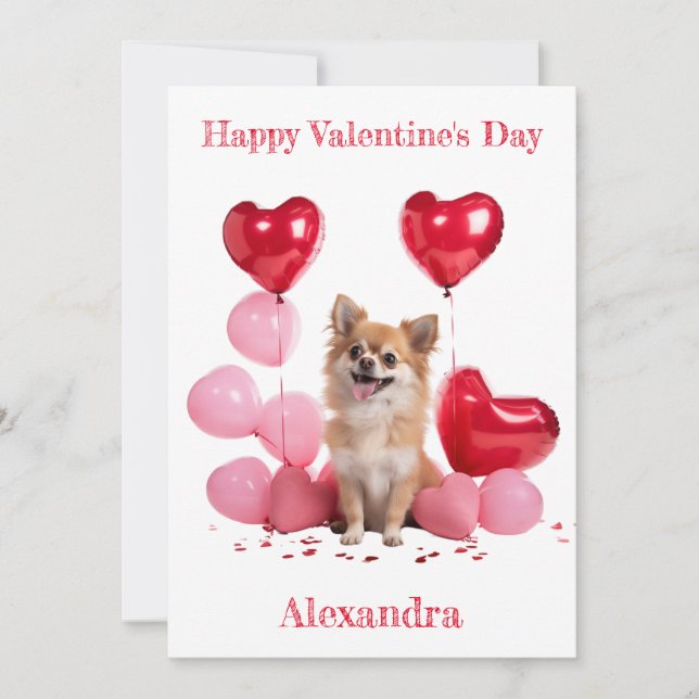 Custom Chihuahua Pink Red Heart Balloons Valentine Holiday Card (Front)