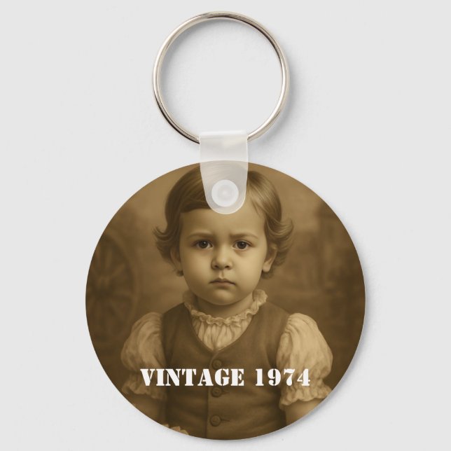 Custom Childhood Photo & Year Vintage Personalized Key Ring (Front)