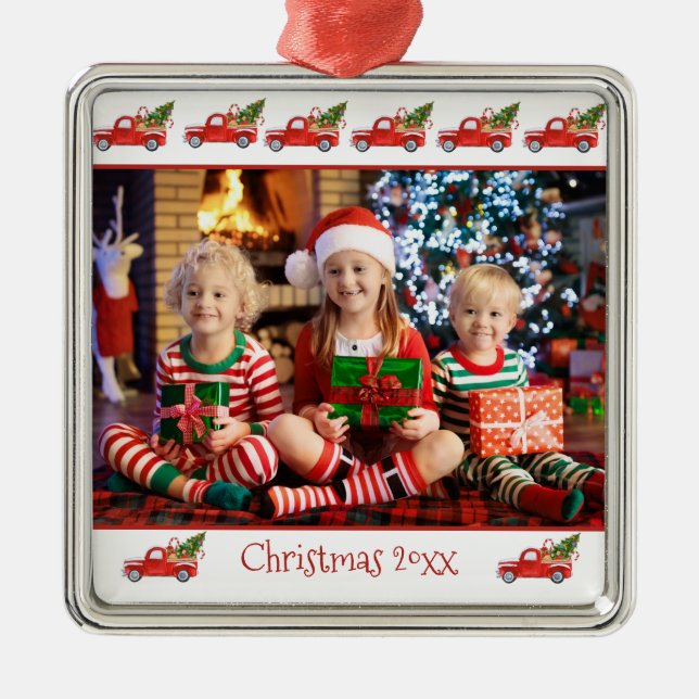 Custom Children's Photo Red Truck Christmas Metal Tree Decoration (Front)