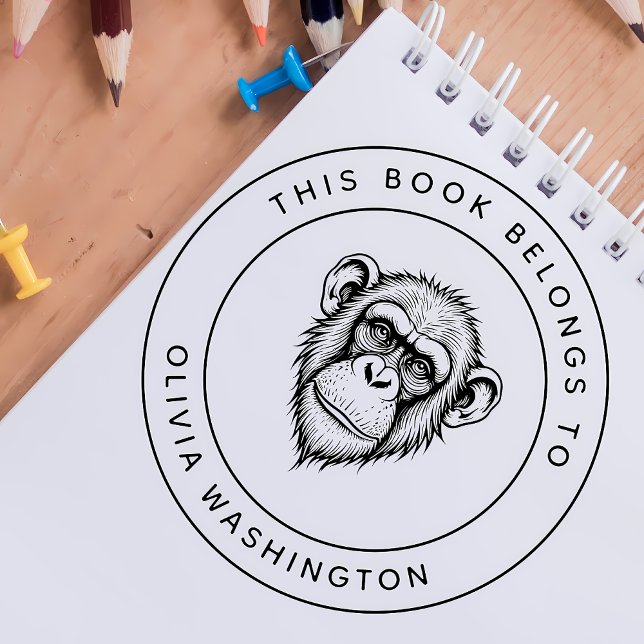 Custom Chimpanzee This Book Belongs To Kid's Name Self-inking Stamp (Creator Uploaded)