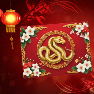 Custom Chinese New Year of Snake Floral Gold Red Holiday Card