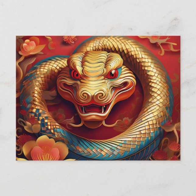 Custom Chinese New Year of Snake Gold Blue Red Holiday Postcard (Front)