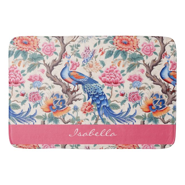 Custom Chinoiserie Asian Floral Landscape Peacock  Bath Mat (Front)