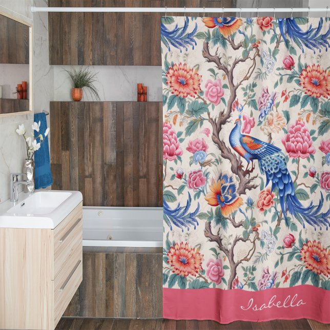 Custom Chinoiserie Asian Floral Landscape Peacock  Shower Curtain (Creator Uploaded)