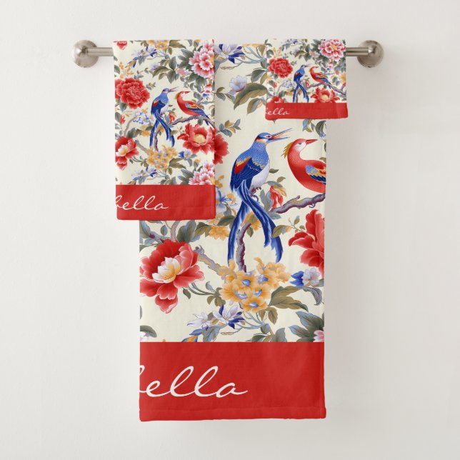 Custom Chinoiserie Asian Floral Pink Blue Red Bird Bath Towel Set (Insitu)