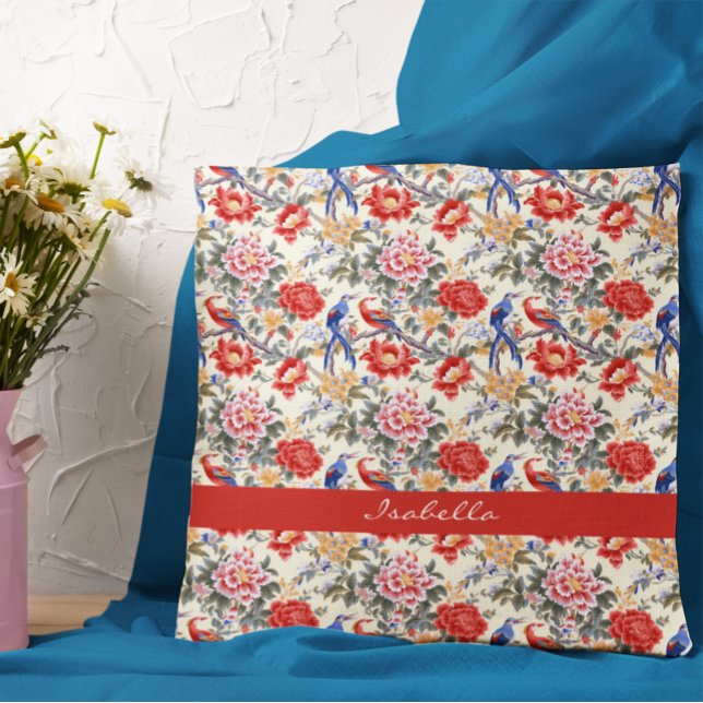 Custom Chinoiserie Asian Floral Pink Blue Red Bird Cushion (Creator Uploaded)
