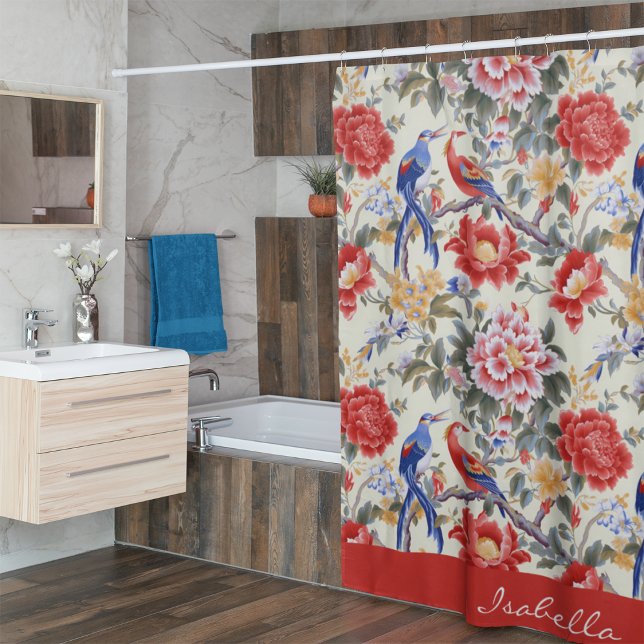 Custom Chinoiserie Asian Floral Pink Blue Red Bird Shower Curtain (Creator Uploaded)