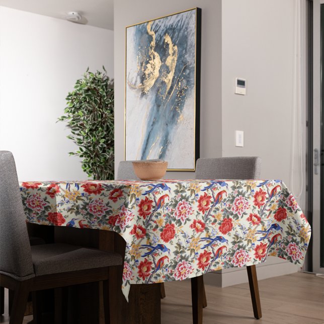 Custom Chinoiserie Asian Floral Pink Blue Red Bird Tablecloth (Creator Uploaded)