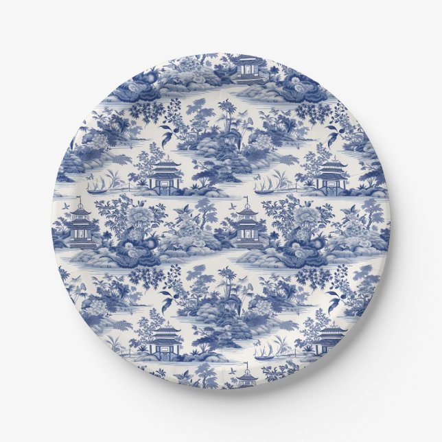 Custom Chinoiserie Pattern Pagoda Blue Paper Plate (Front)