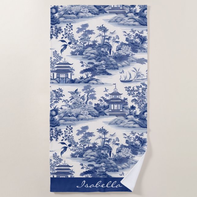 Custom Chinoiserie Pattern Pagoda Blue White Beach Towel (Front)