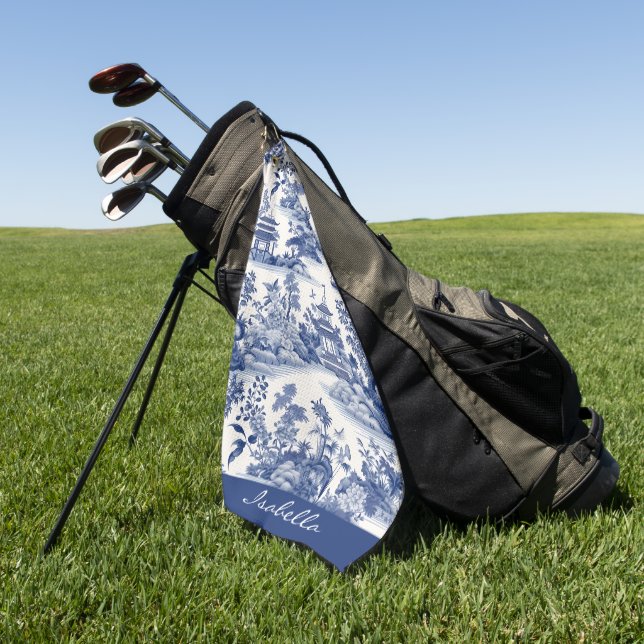 Custom Chinoiserie Pattern Pagoda Blue White Golf Towel (Green)