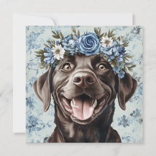 Custom Chocolate Labrador Dog Blue Floral Greeting Card