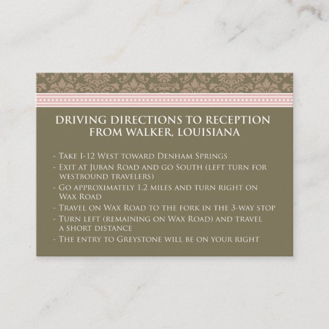 :custom: Chocolate/Pink Damask 3.5x2.5" Reception Enclosure Card (Front)