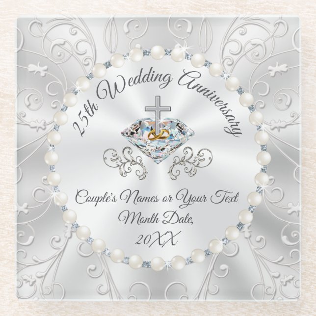 Custom Christian 25 year Wedding Anniversary Gifts Glass Coaster (Front)