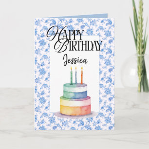 Custom Christian Birthday Card Blue Floral Cake