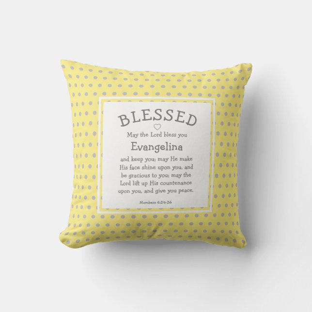 Custom Christian Blessing Yellow Polka Dot Baby Cushion (Front)