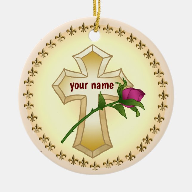 Custom Christian Cross Rose  Ceramic Tree Decoration (Front)